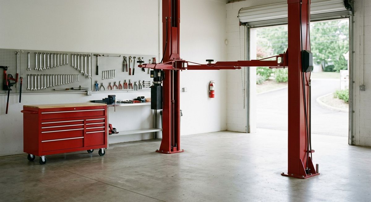 Clean service bay with a red two-post lift, red tool chest, and wrenches organized on a pegboard