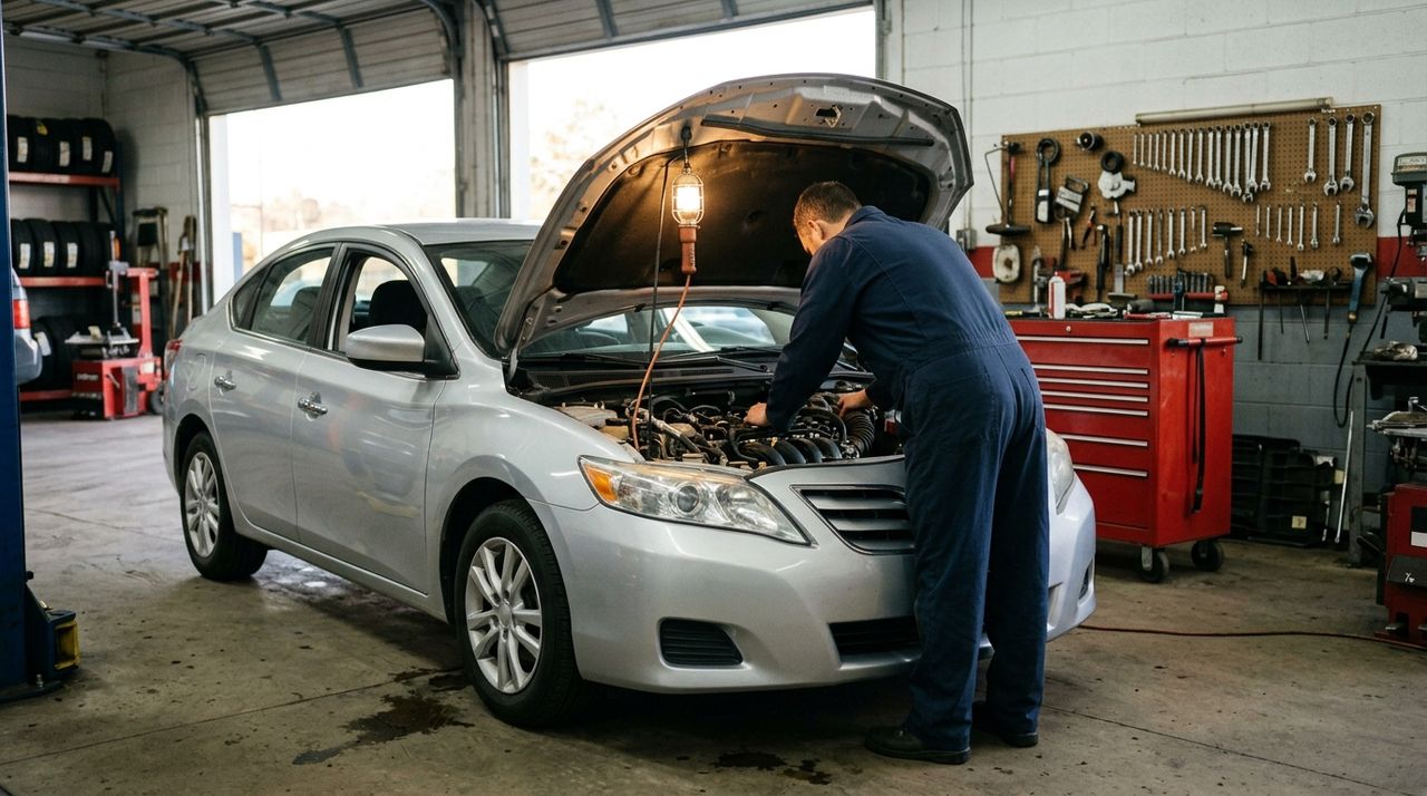 Mechanic in navy coveralls leaning over the open engine bay of a silver sedan, drop light under the raised hood