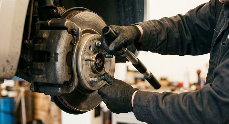 Gloved hands tightening lug nuts on a wheel hub with a torque wrench, brake rotor behind